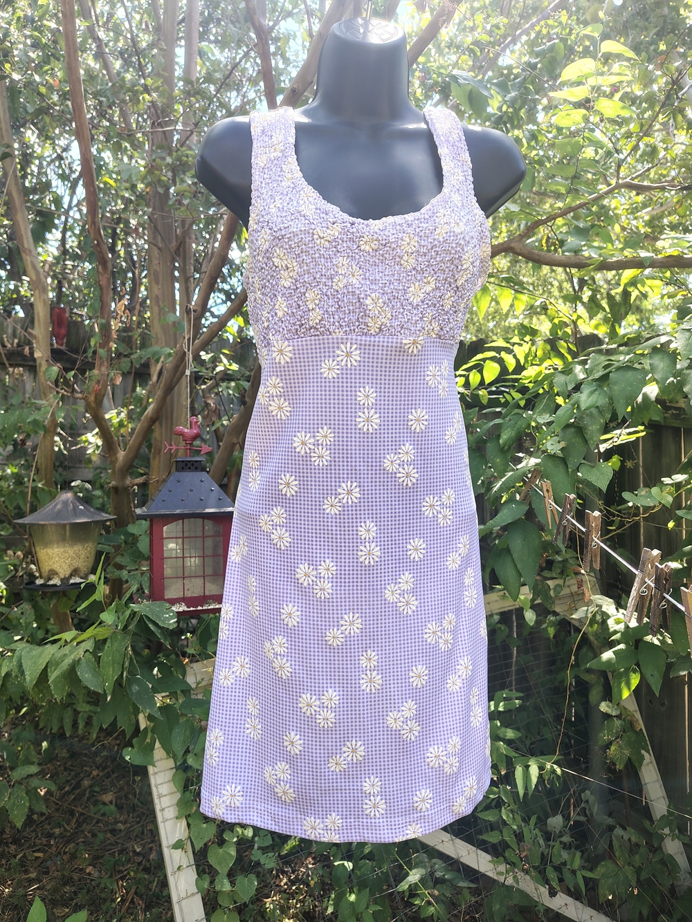 90's Lavender Gingham Daisy Smocked Sundress